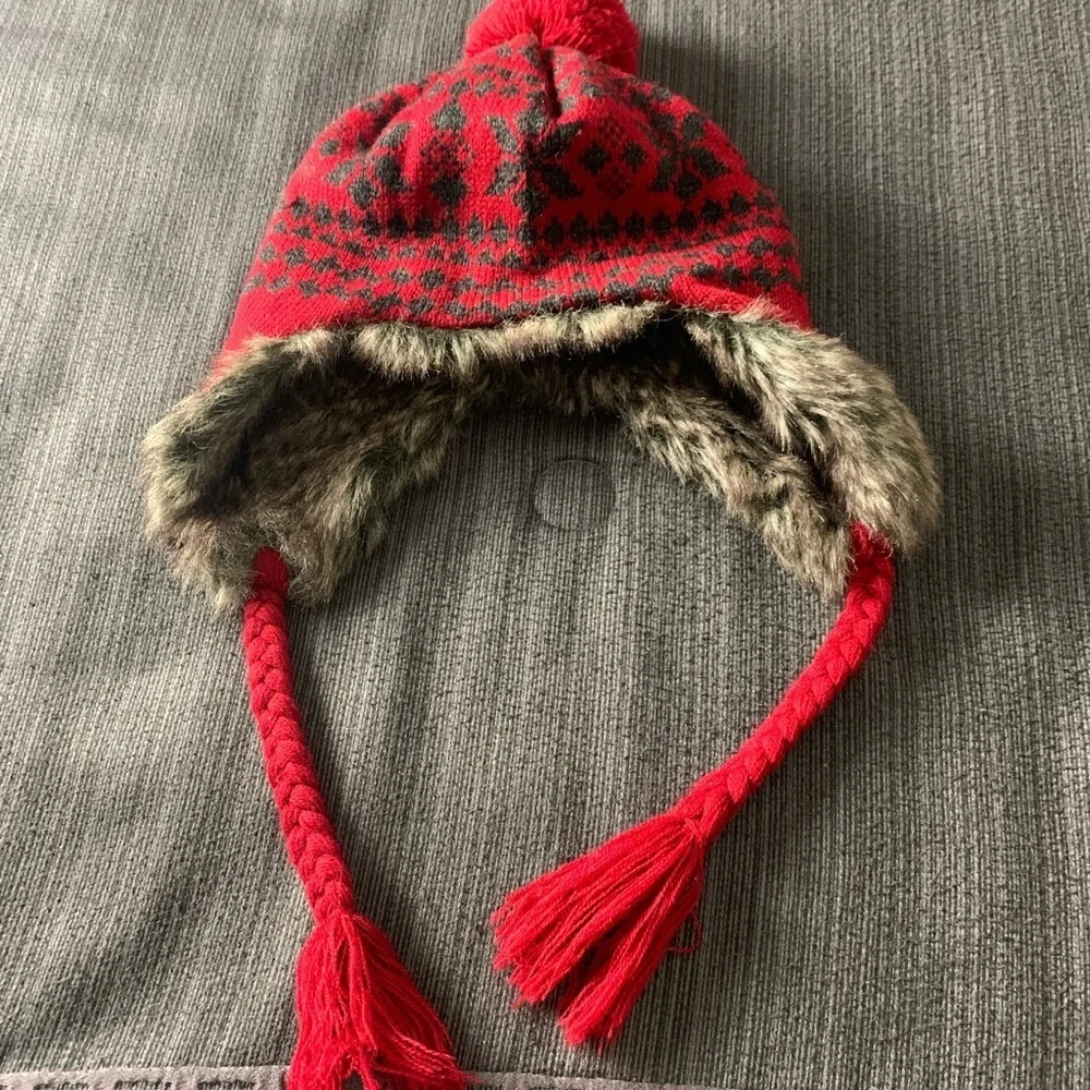 Vintage Faux Fur Christmas Snowflake Ski Winter Hat Red Grey
